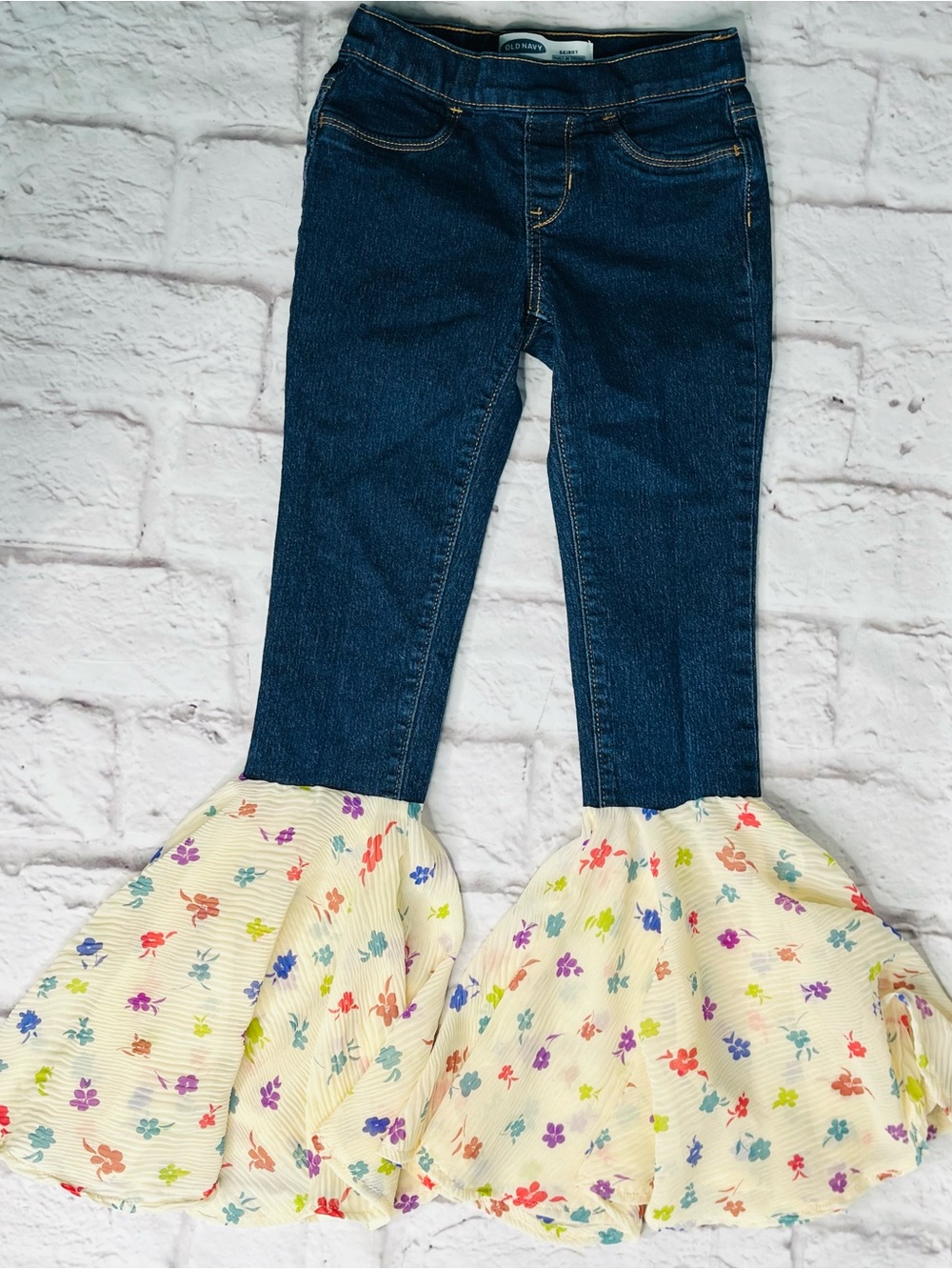 Girls' upcycled Dark Blue Denim Bell-Bottoms with Cream Floral Ruffles size 8